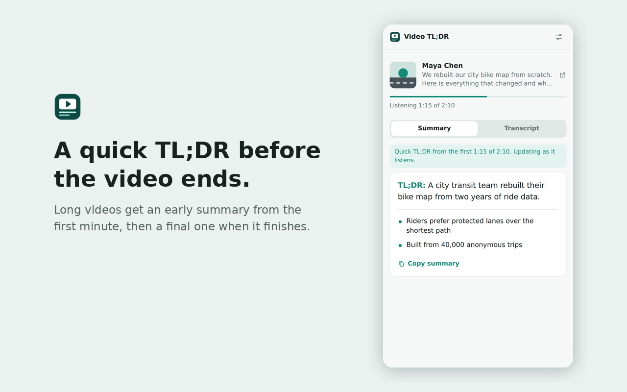 Quick TL;DR made from the first minute of a long video while the full summary finishes
