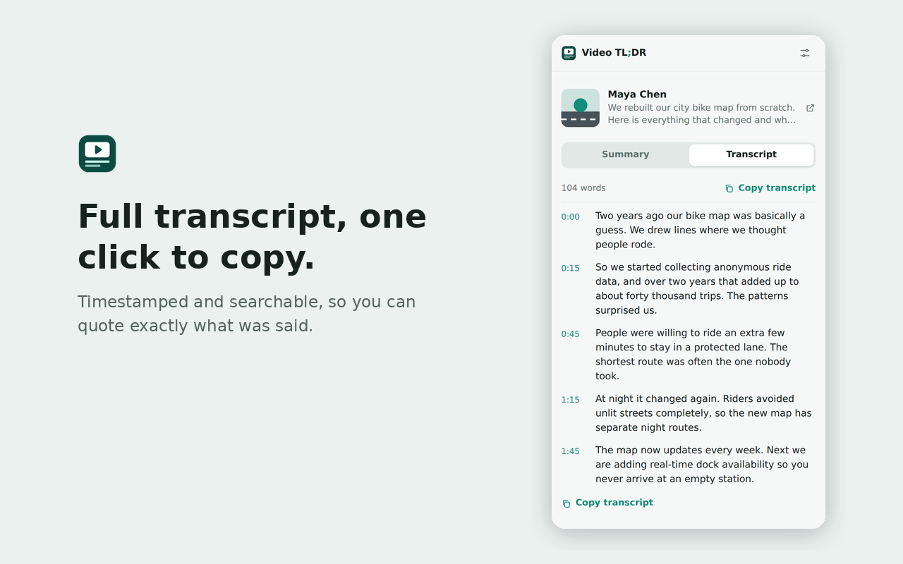 Full timestamped transcript in the side panel with a copy button